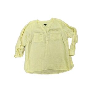 Talbots 2X Petite Bright Yellow 100% Linen Blouse‎ Roll Tab Sleeve Pullover Top